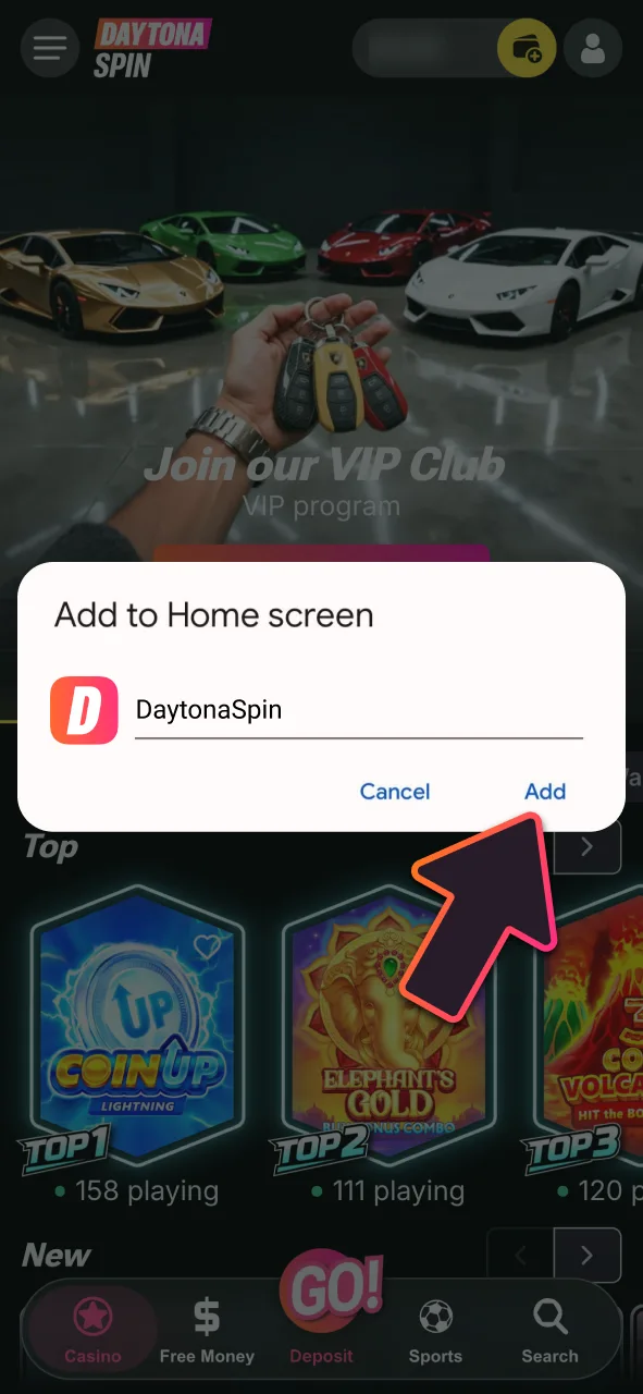 Select Add to Home Screen at DaytonaSpin, and install the web app instantly.