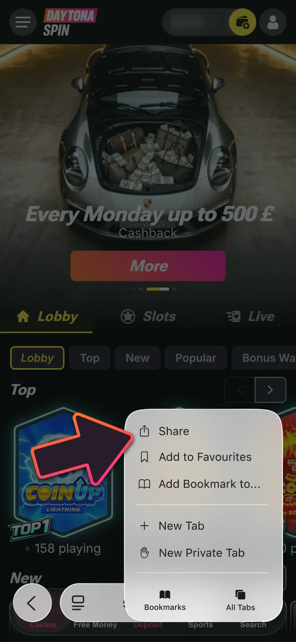 Tap the Share button at DaytonaSpin, and open the share sheet in Safari today.