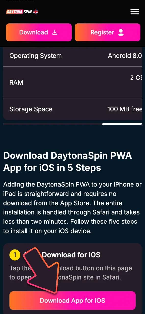 Click download for iOS at DaytonaSpin, and open the site in Safari today.