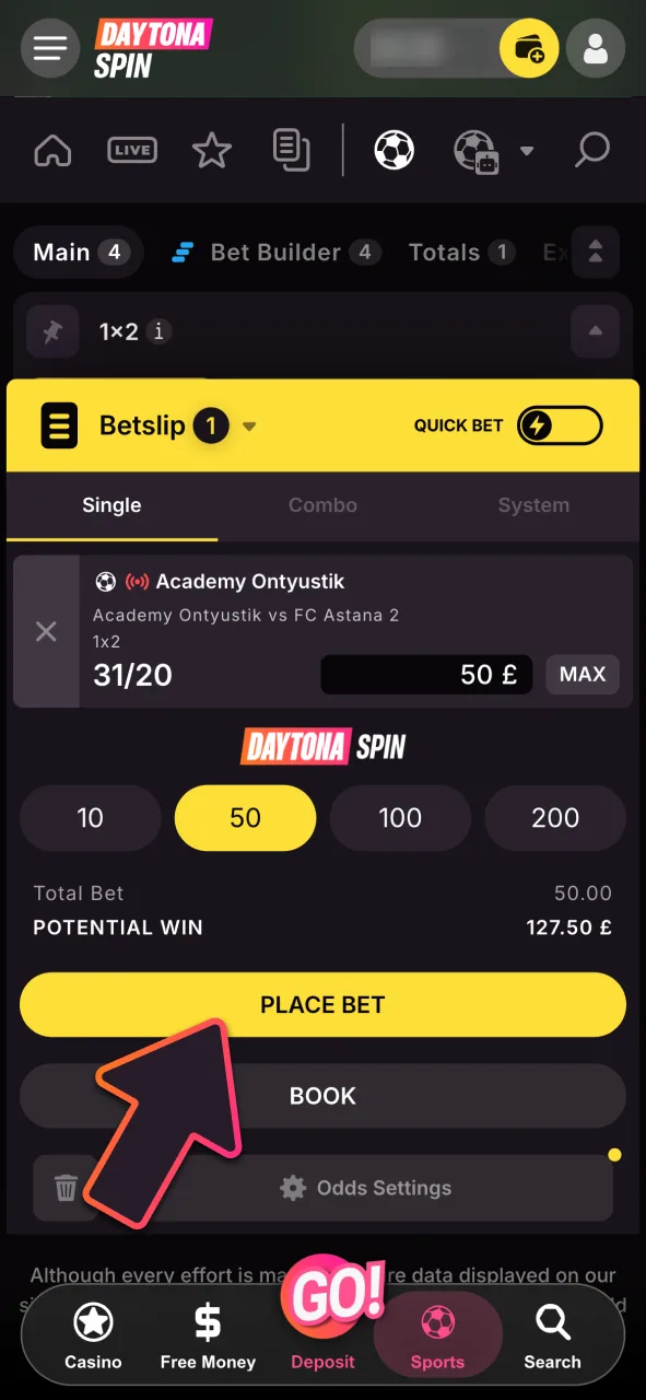 Enter your stake in the DaytonaSpin bet slip, and tap Place Bet to confirm.