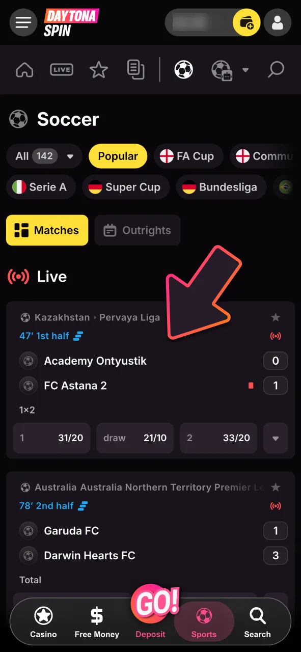 Browse available sports at DaytonaSpin, and tap on your chosen betting market.