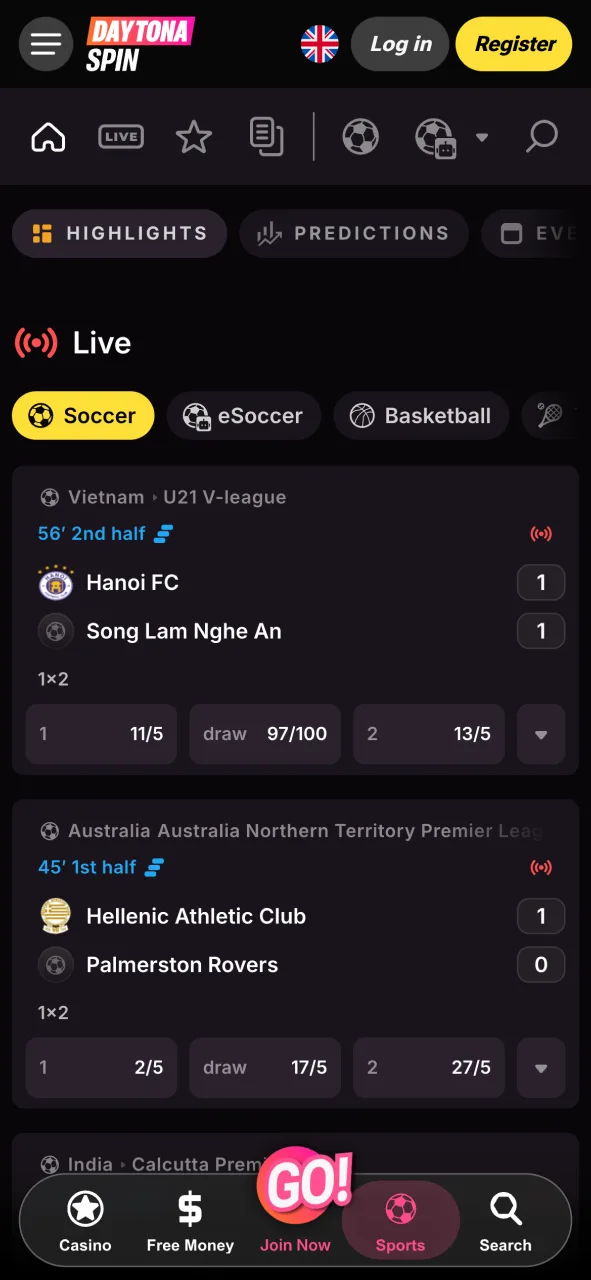 Explore the DaytonaSpin sports betting interface, and get top odds on live matches.