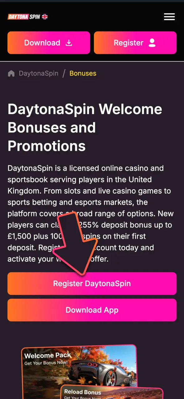 Register your DaytonaSpin account today, enter your personal details, and verify your email.