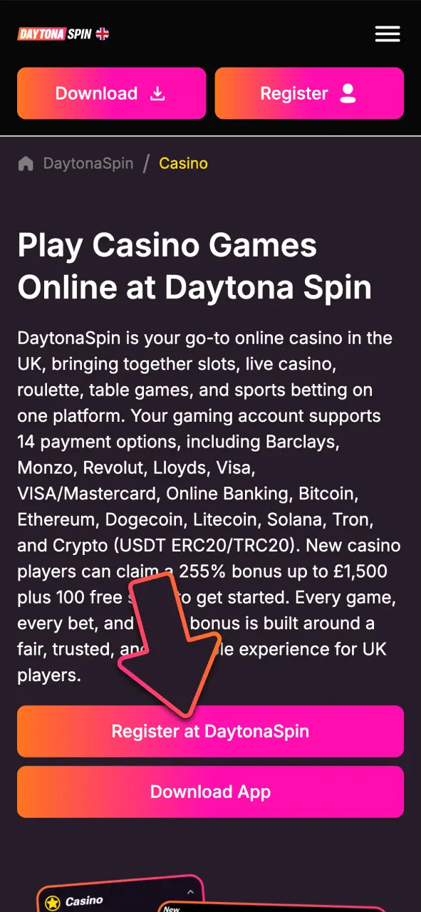 Create your DaytonaSpin account today, fill in your details, and confirm your email to start playing.