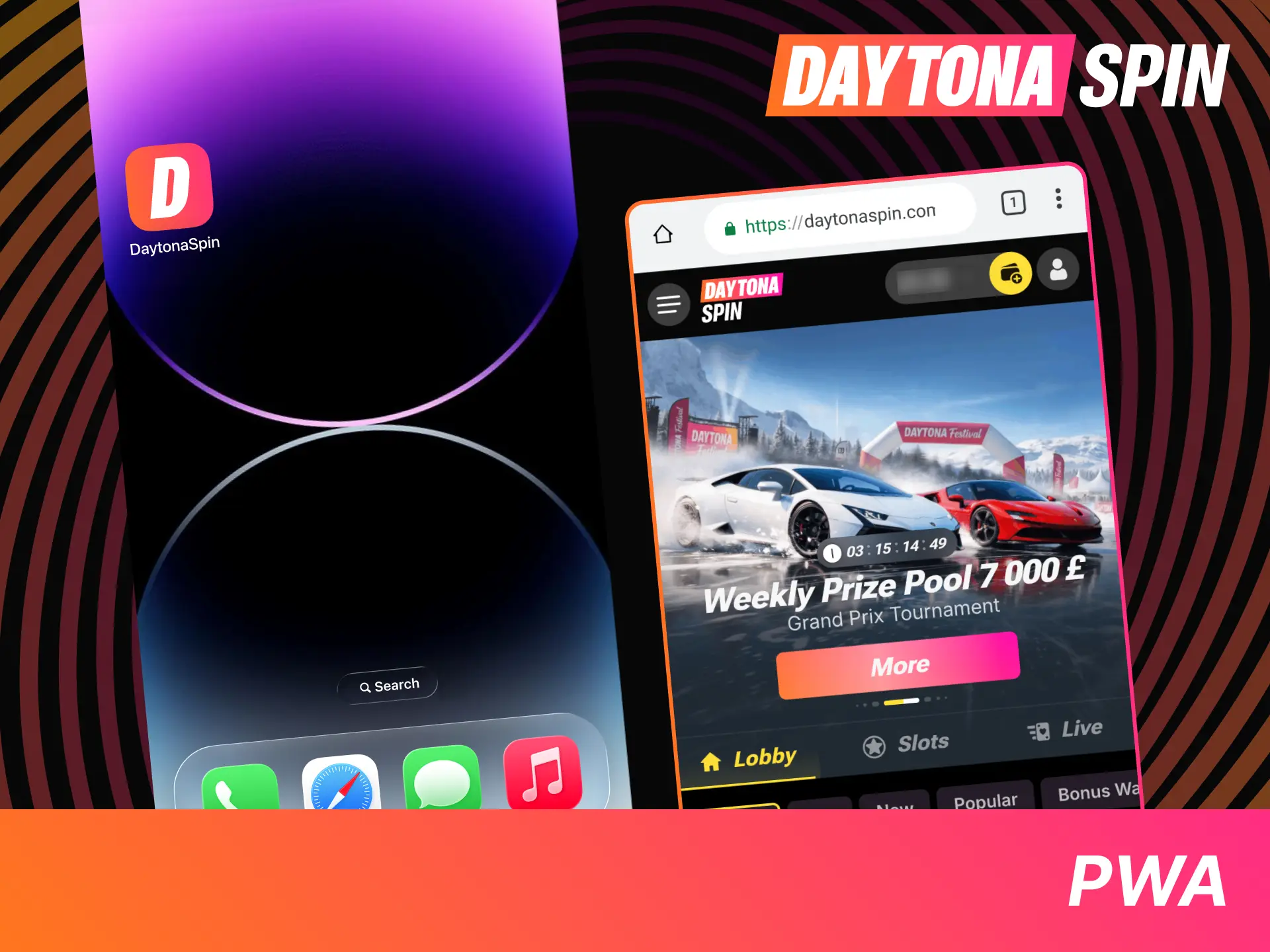 Install the DaytonaSpin PWA on your home screen, and launch games instantly.