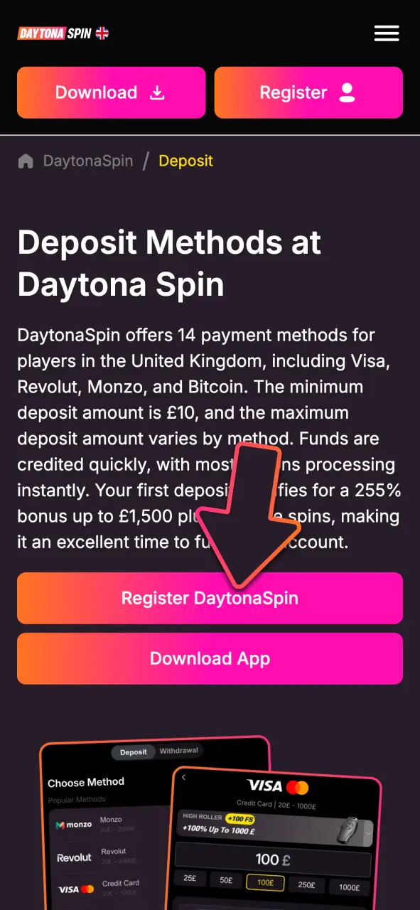 Log in to your existing DaytonaSpin account today or sign up in minutes to access real-money casino games instantly.