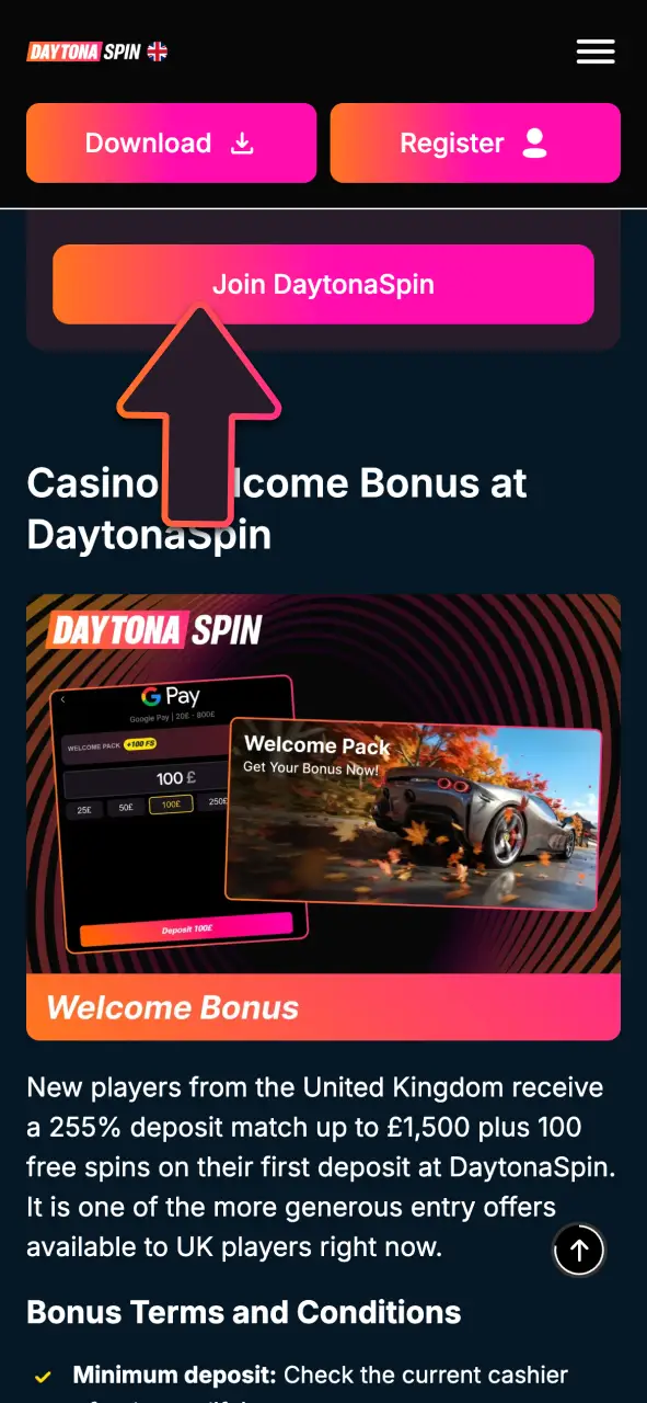 Select the registration button now to sign up at DaytonaSpin and claim your welcome bonus.