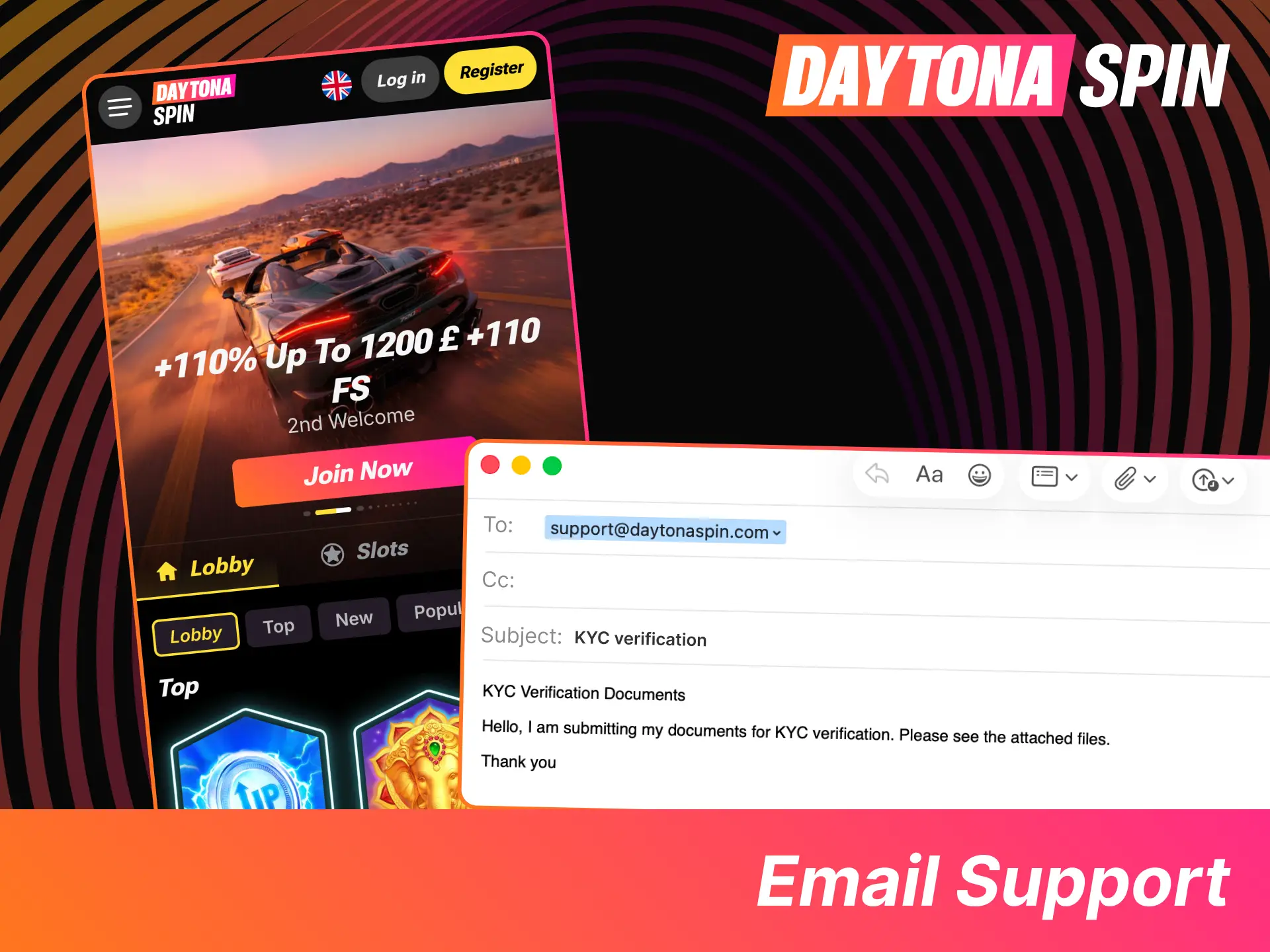Send your account queries to DaytonaSpin, and get professional assistance by email.