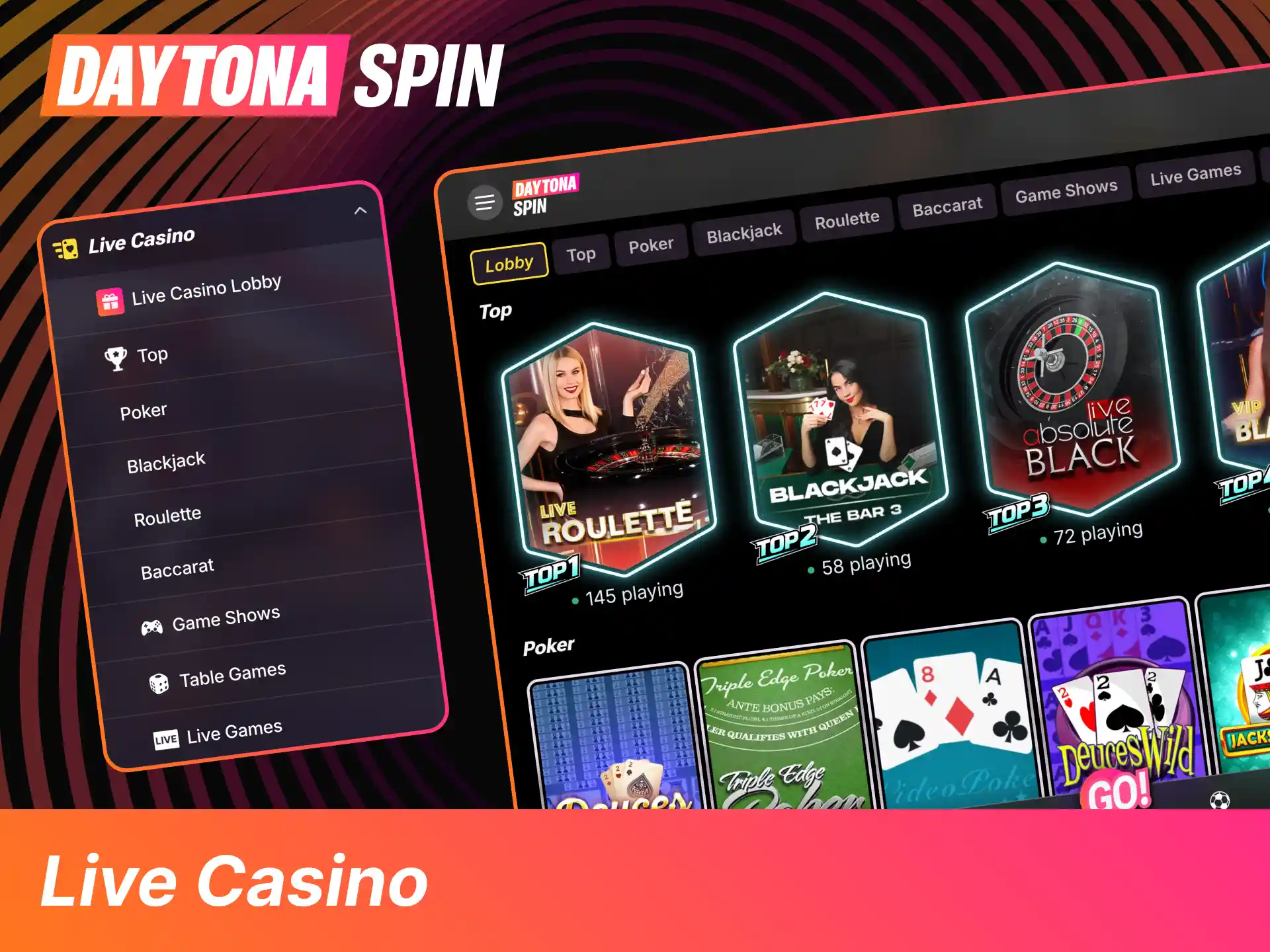 Take your seat at DaytonaSpin live tables now, enjoy blackjack, roulette, or game shows, and choose stakes suited for casuals or VIPs.