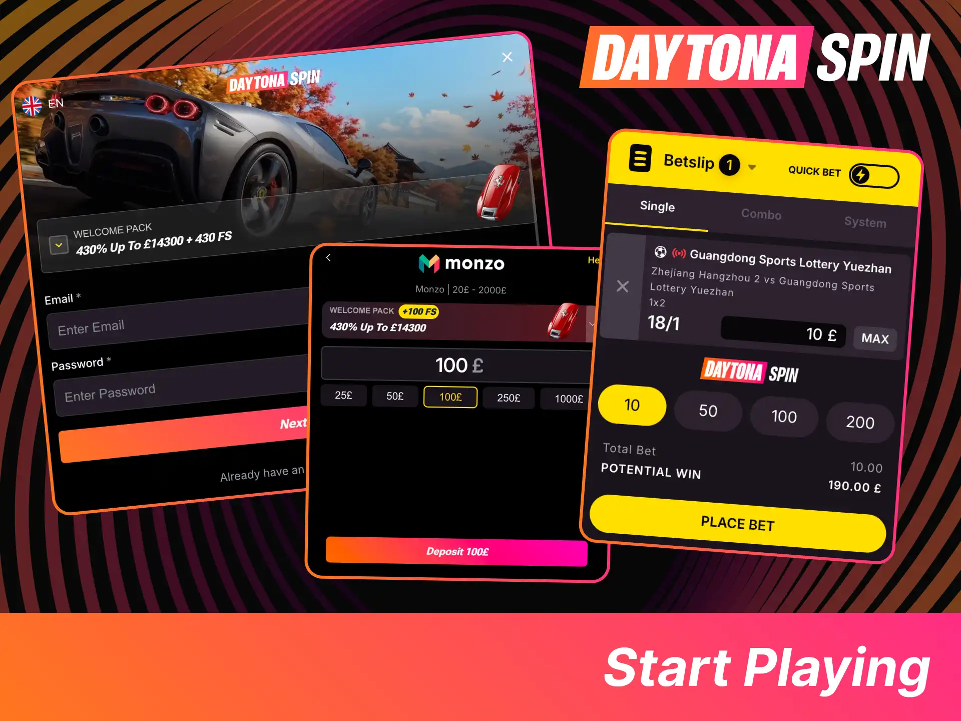 Join DaytonaSpin in a few simple steps, and activate your first deposit offer.