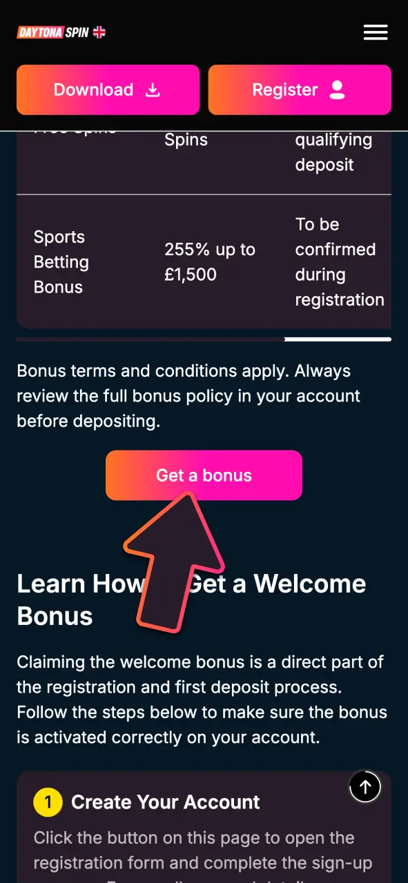 Create your DaytonaSpin account today, and complete the sign-up process in seconds.