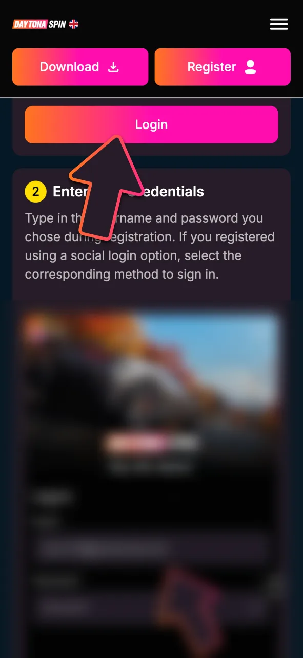 Click the login button at DaytonaSpin today, and go directly to the account login screen.