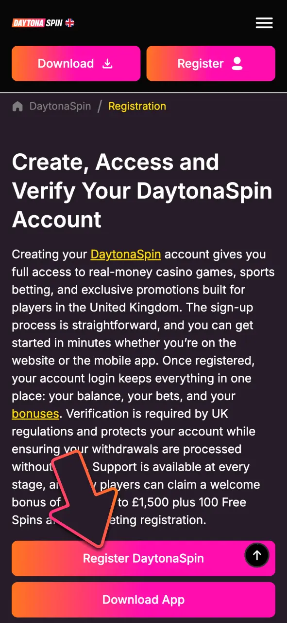 Click the Sign Up button at DaytonaSpin today, and open the registration form directly.