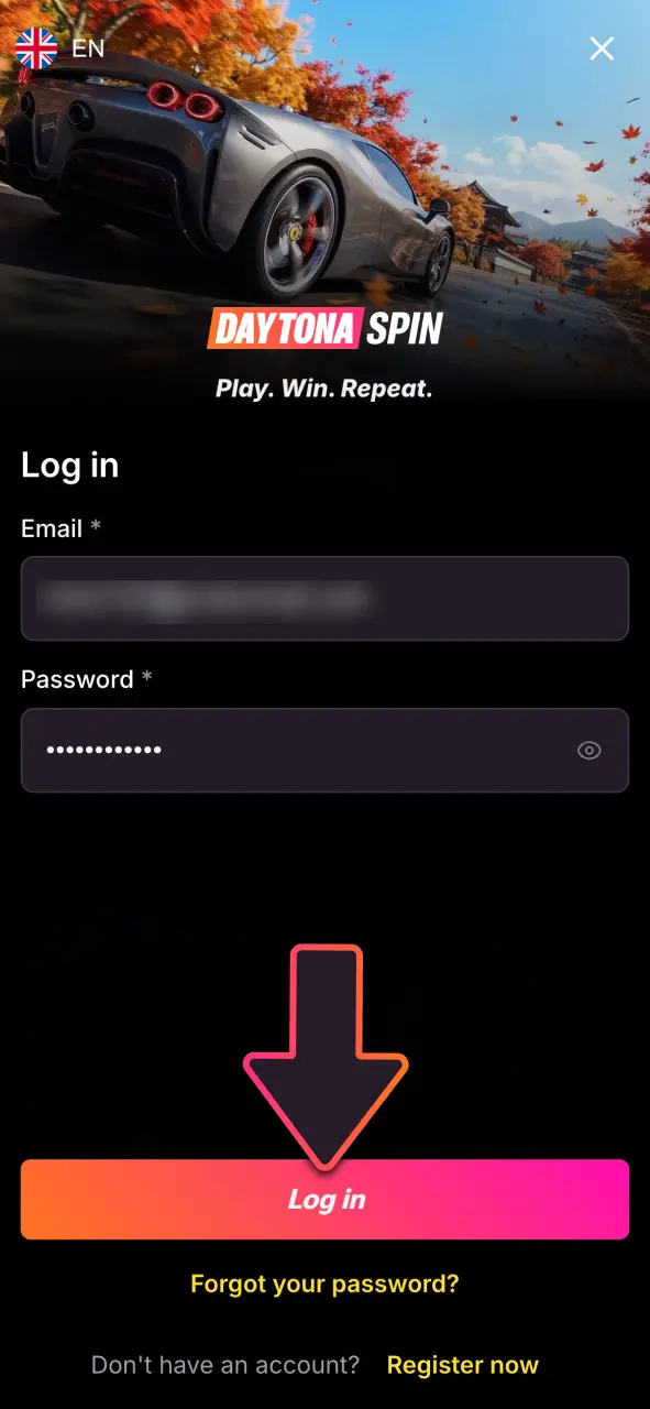 Log in to your DaytonaSpin account today with your email and password, complete verification, and access your main dashboard.